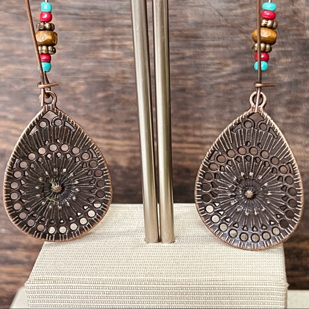 Earrings BOHO QUIRKY LOOP Gypsy hippie antique tear drop hollowed out EARRINGS - Picture 9 of 12